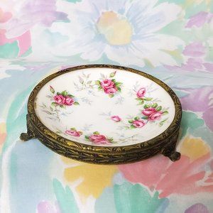 Vintage Pink Floral Catch-All with Metal Base